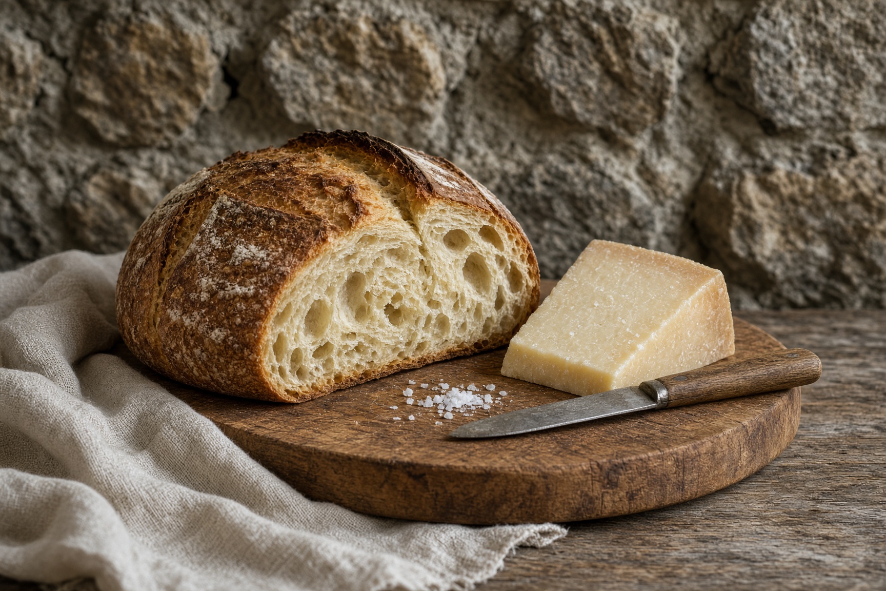 Country loaf, pecorino, and a knife on a wooden board