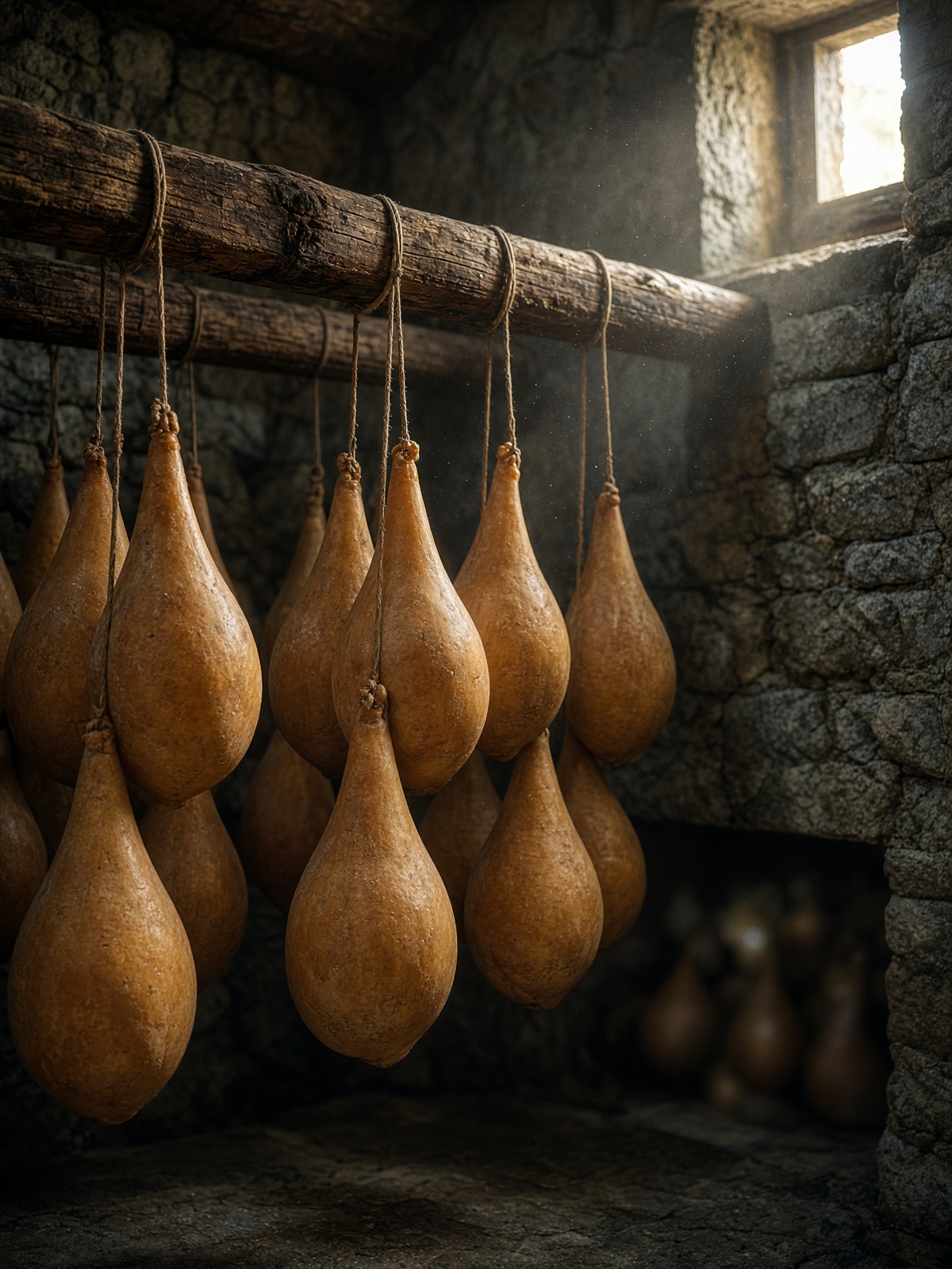Pear-shaped caciocavallo cheeses hanging in a stone cellar