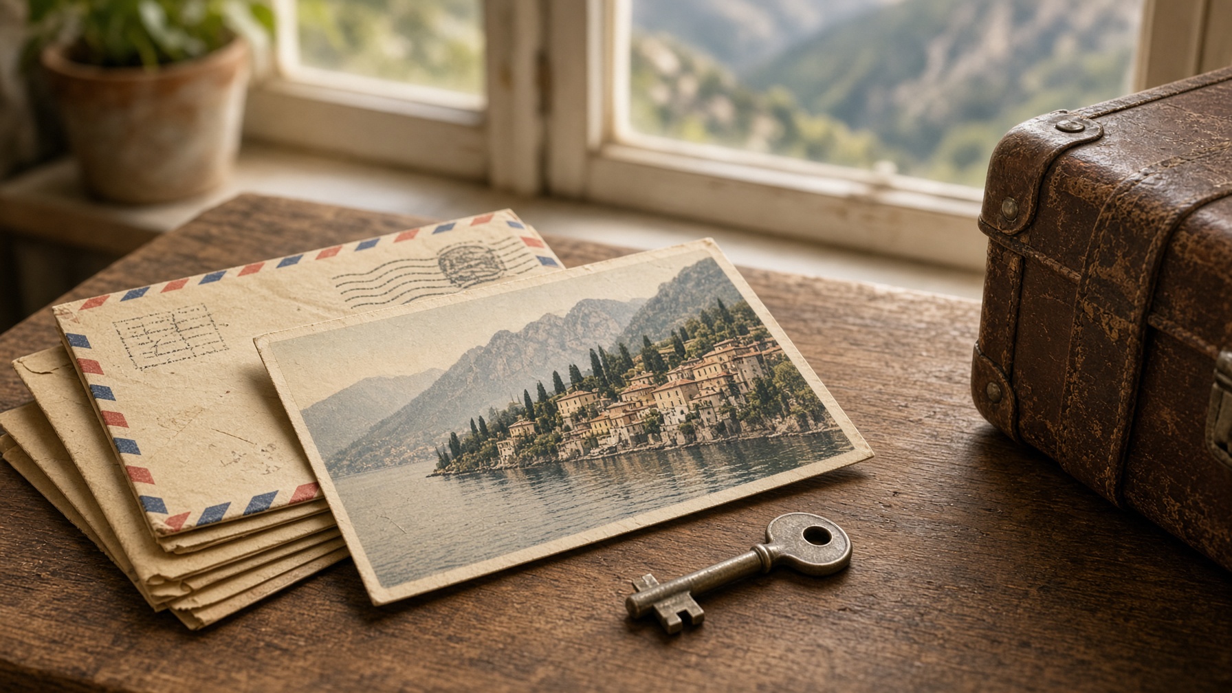 Old letters, a suitcase, a landscape postcard and a house key