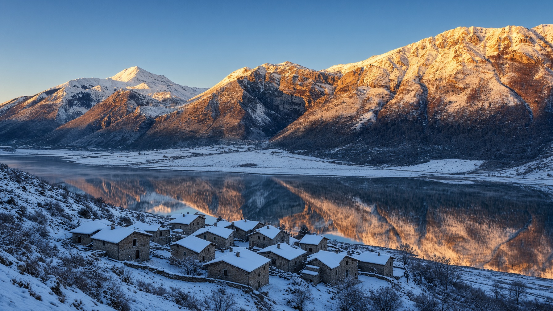 Snow-dusted mountain village above a still lake at first light